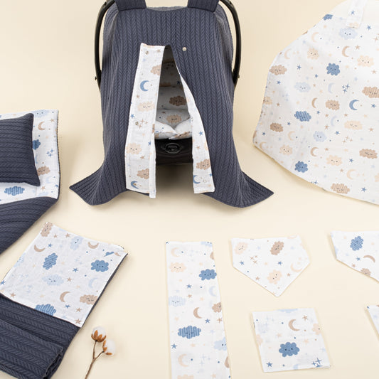 11 Piece - Newborn Sets - Double Sided - Winter - Lacivert Örgü - Mavi Bulut