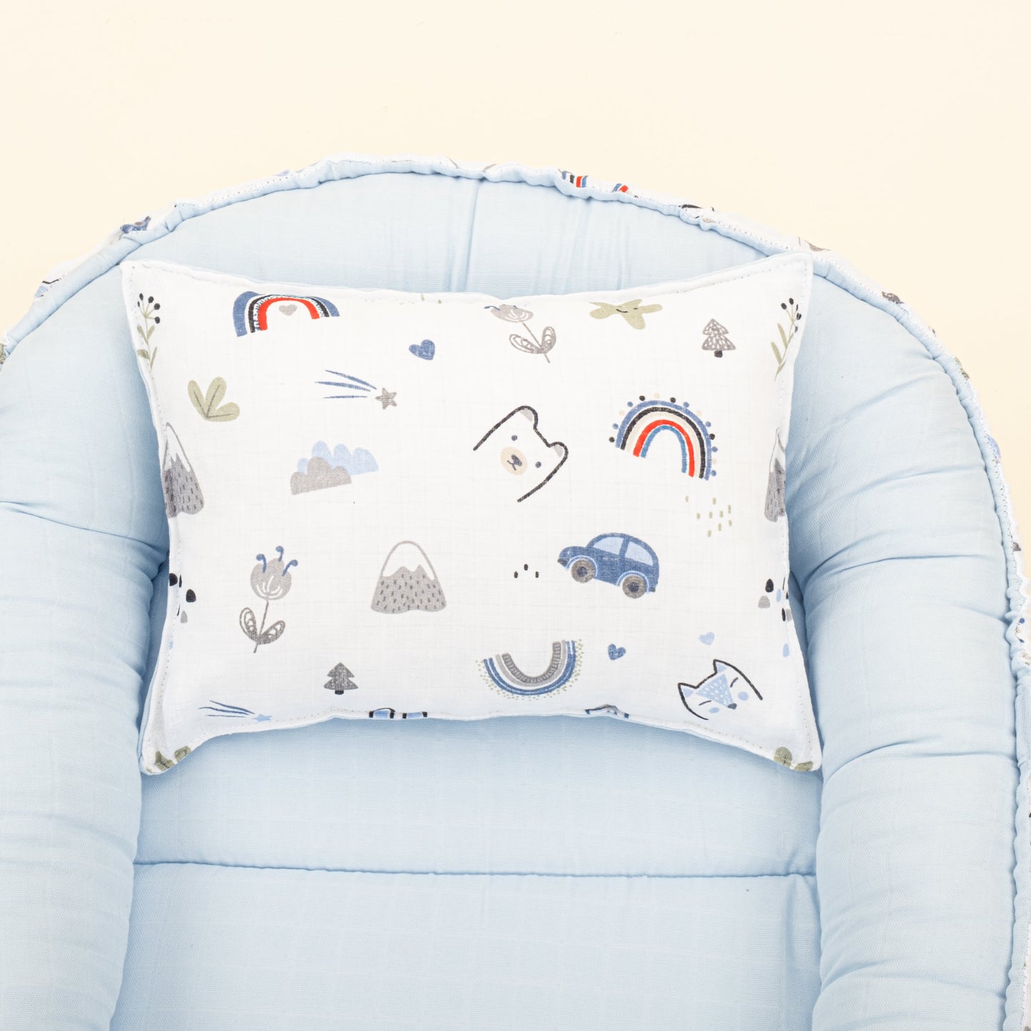 Babynest and Pillow - Çift Taraflı - Mavi Muslin - Mavi Kedi