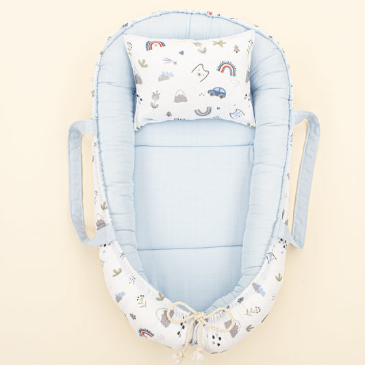 Babynest and Pillow - Çift Taraflı - Mavi Muslin - Mavi Kedi