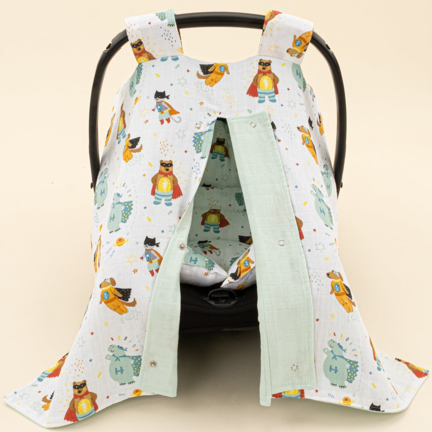 Stroller Cover Set - Double Side - Su Yeşili Muslin - Süper Kahramanlar