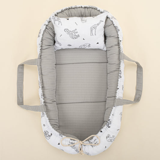 Babynest and Pillow - Çift Taraflı - Açık Gri Müslin - Kaplan