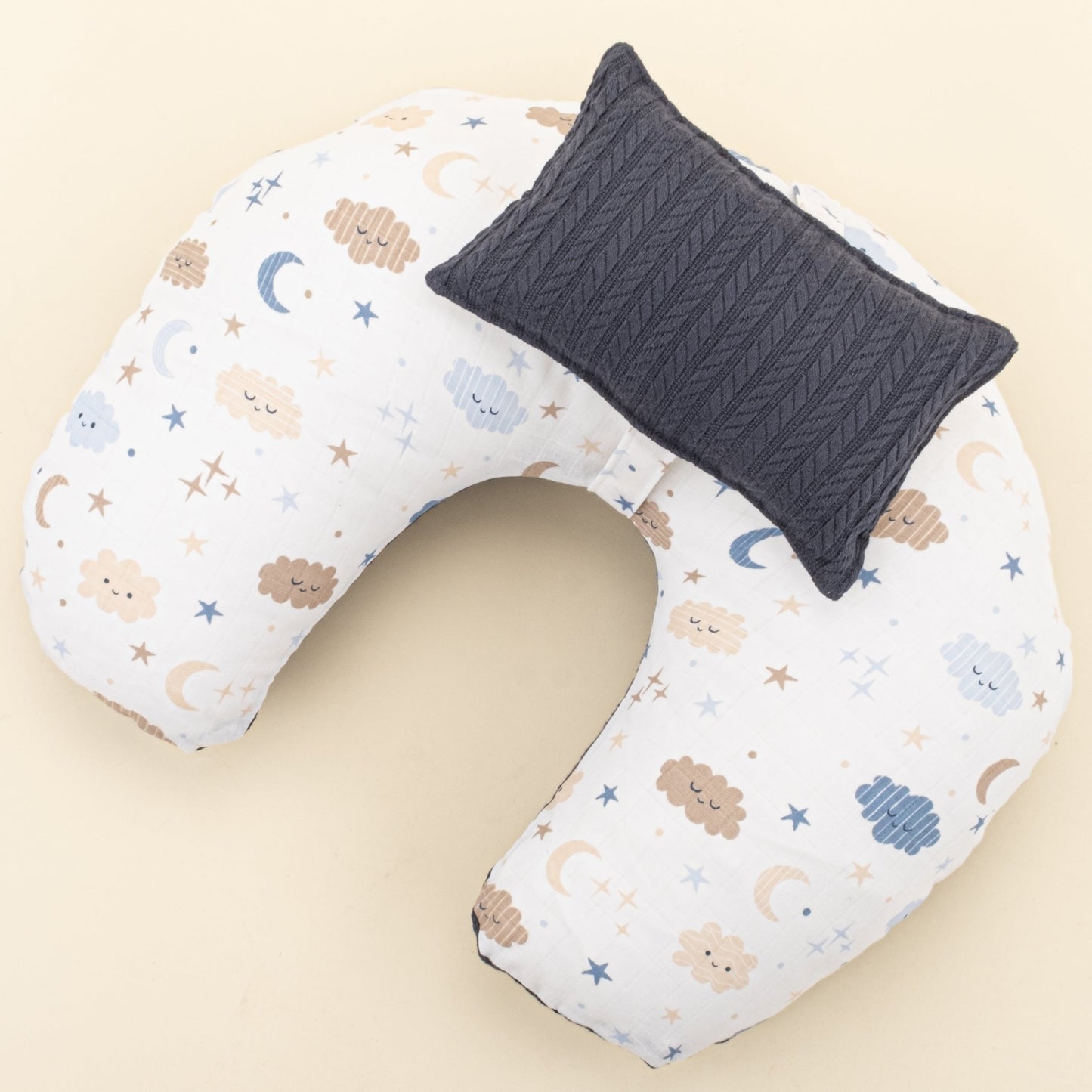 Double Sided Breastfeeding Pillow - Lacivert Örgü - Mavi Bulut