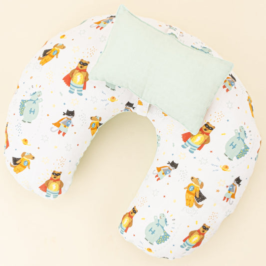 Double Sided Breastfeeding Pillow - Su Yeşili Muslin - Süper Kahramanlar