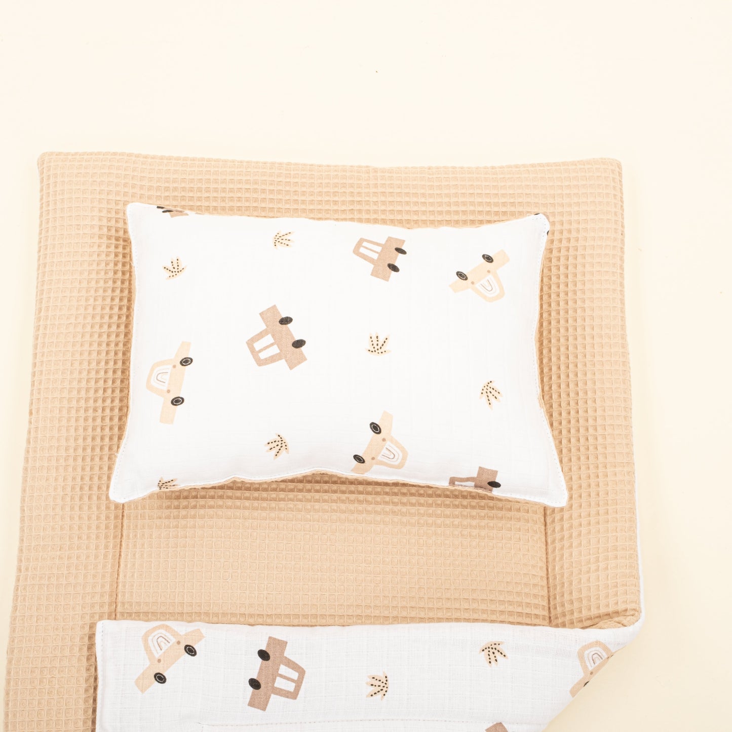 Double Sided Changing Pad and Pillow - Bej Petek - Kahverengi Arabalar