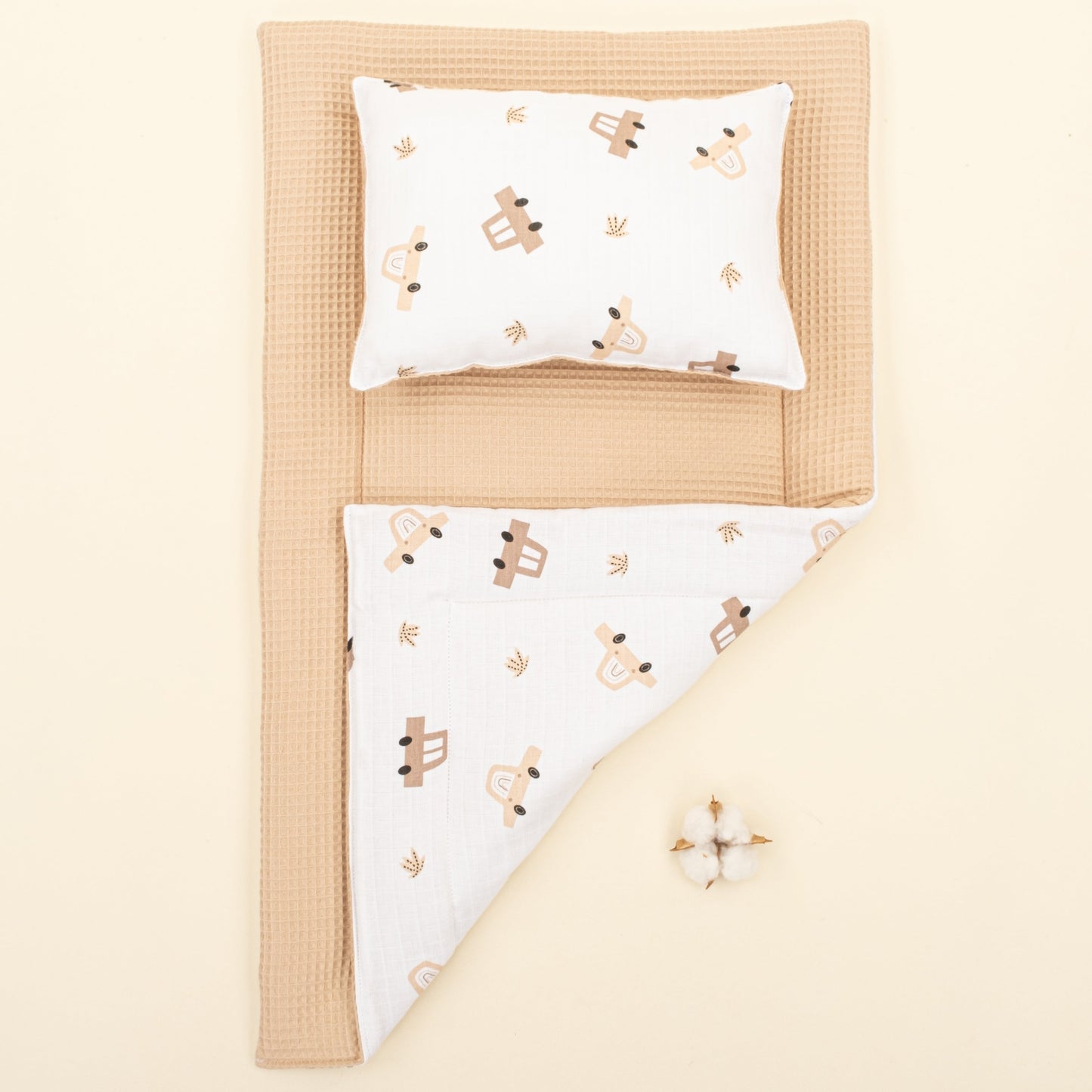 Double Sided Changing Pad and Pillow - Bej Petek - Kahverengi Arabalar