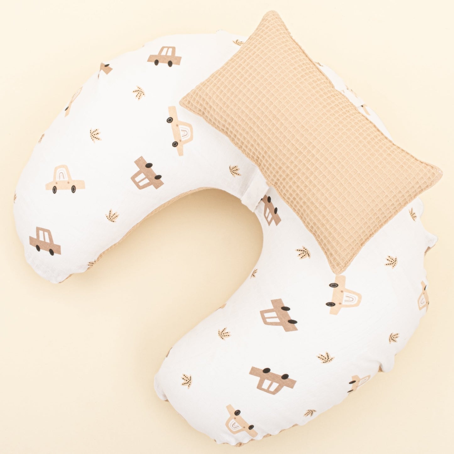 Double Sided Breastfeeding Pillow - Bej Petek - Kahverengi Arabalar