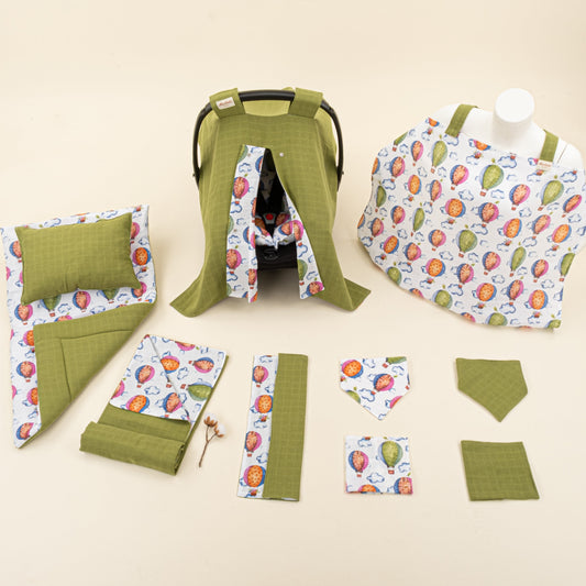 11 Piece - Newborn Sets - Double Sided - Seasonal - Fıstık Yeşili Muslin - Uçan Balonlar