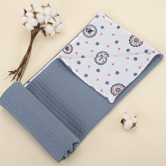 Double Sided Pique Blanket - İndigo Petek - Mavi Gemili