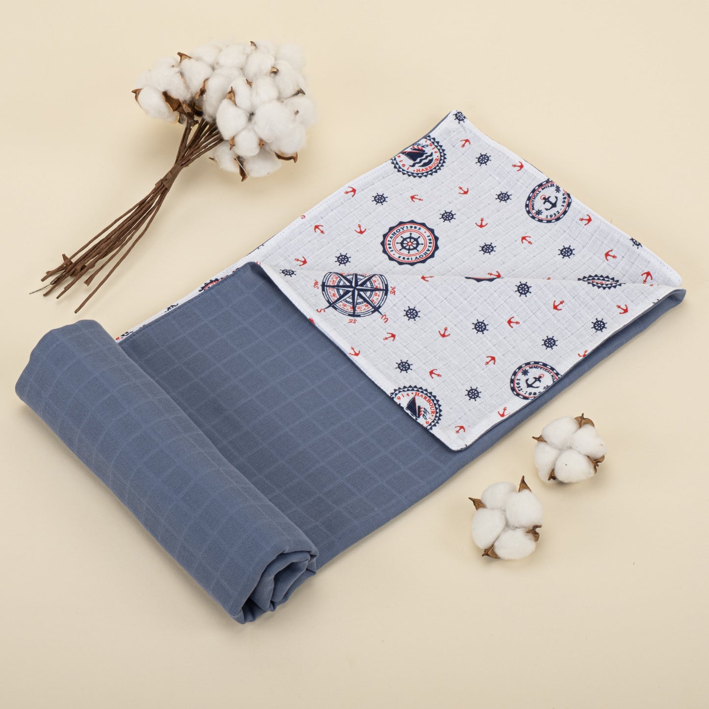 Double Side Muslin Cover - İndigo Muslin - Mavi Gemili