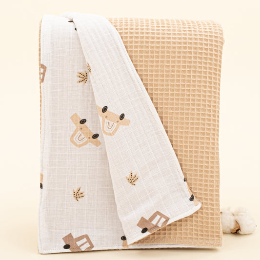 Double Sided Pique Blanket - Bej Petek - Kahverengi Arabalar