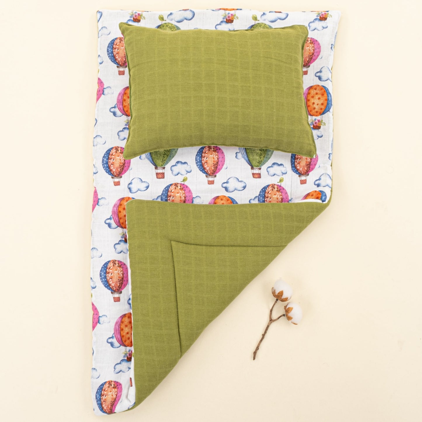 Double Sided Changing Pad and Pillow - Fıstık Yeşili Muslin - Uçan Balonlar