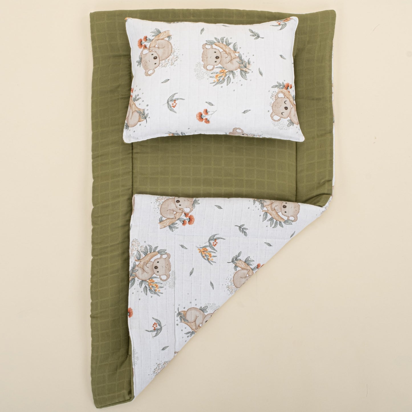 Double Sided Changing Pad and Pillow - Koyu Fıstık Yeşili Müslin - Koala