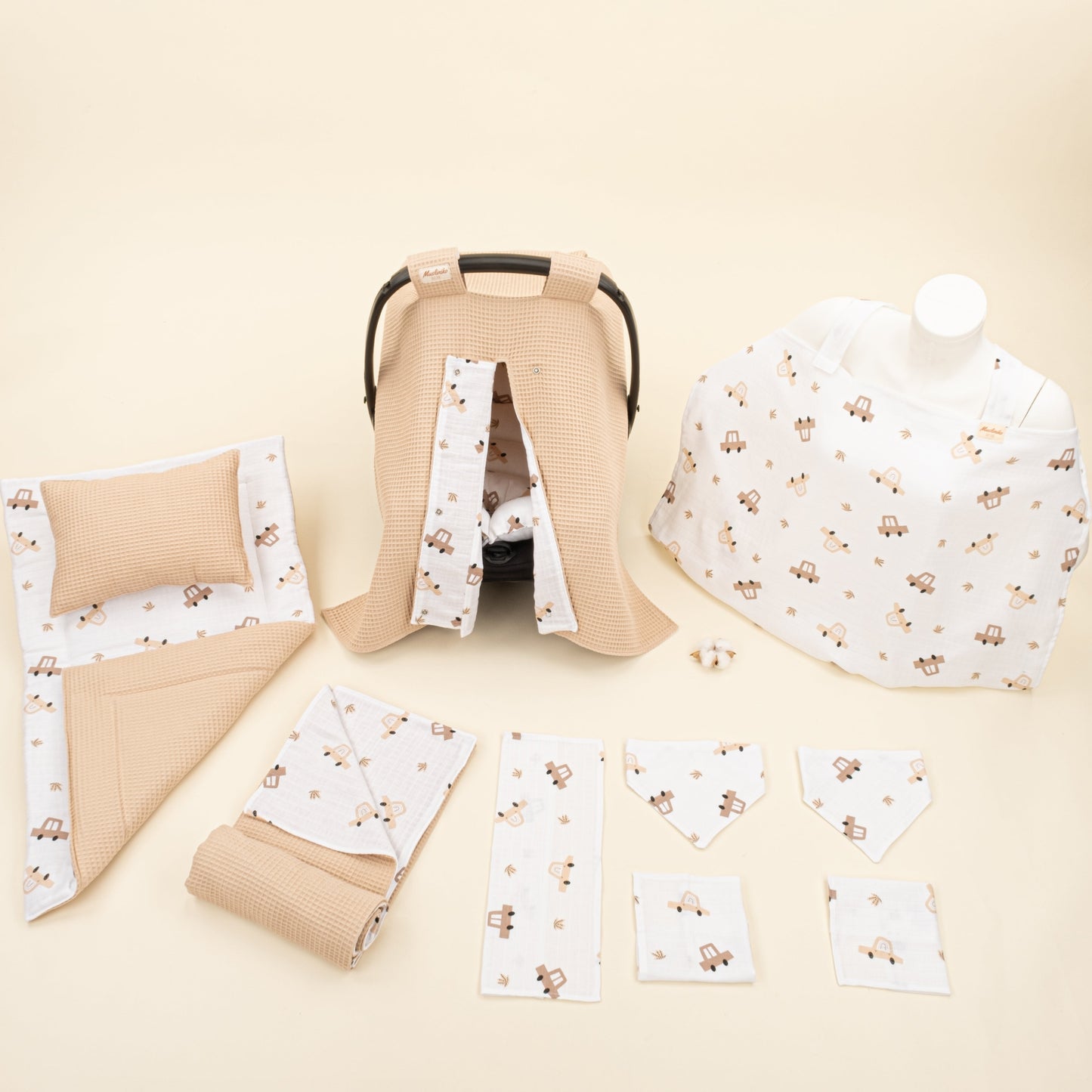 11 Piece - Newborn Sets - Double Sided - Winter - Bej Petek - Kahverengi Arabalar