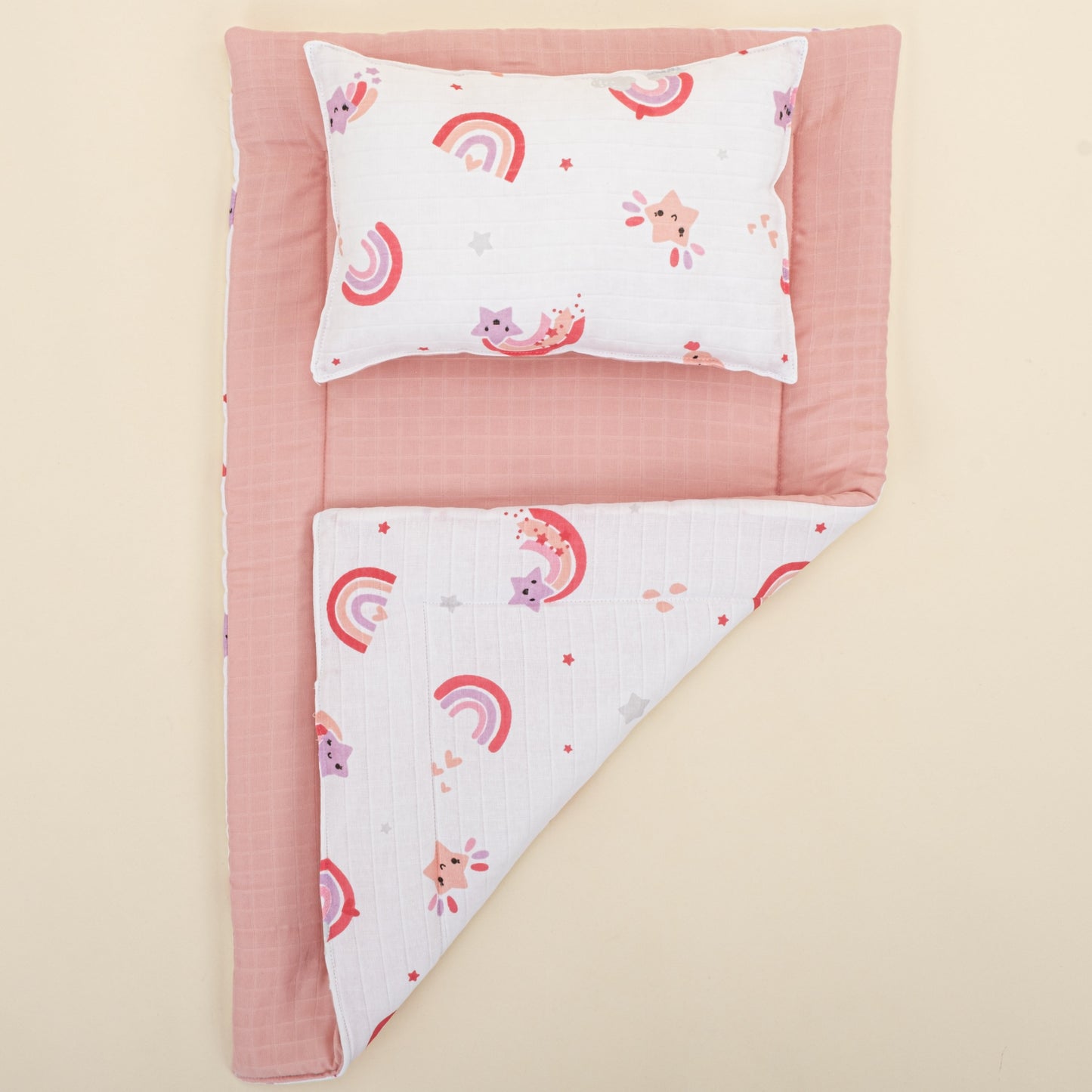 Double Sided Changing Pad and Pillow - Pudra Muslin - Pembe Gökkuşağı