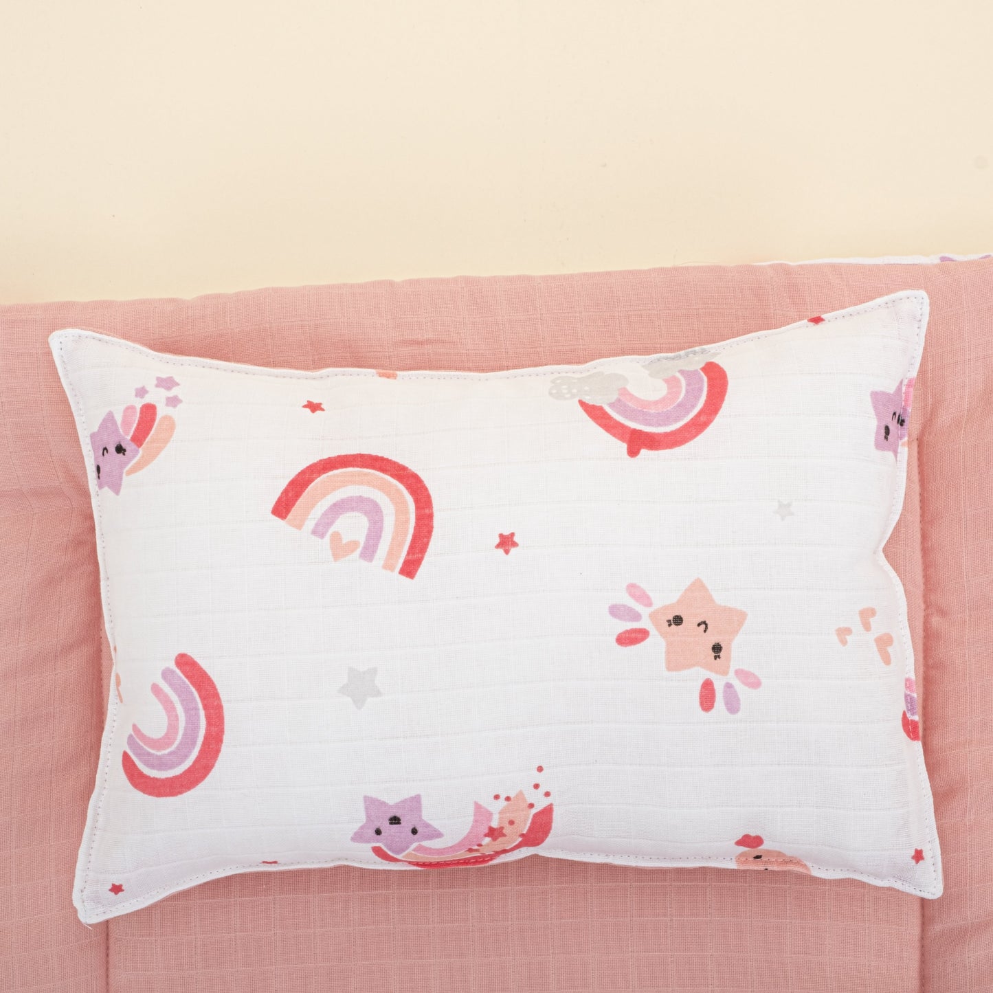 Double Sided Changing Pad and Pillow - Pudra Muslin - Pembe Gökkuşağı