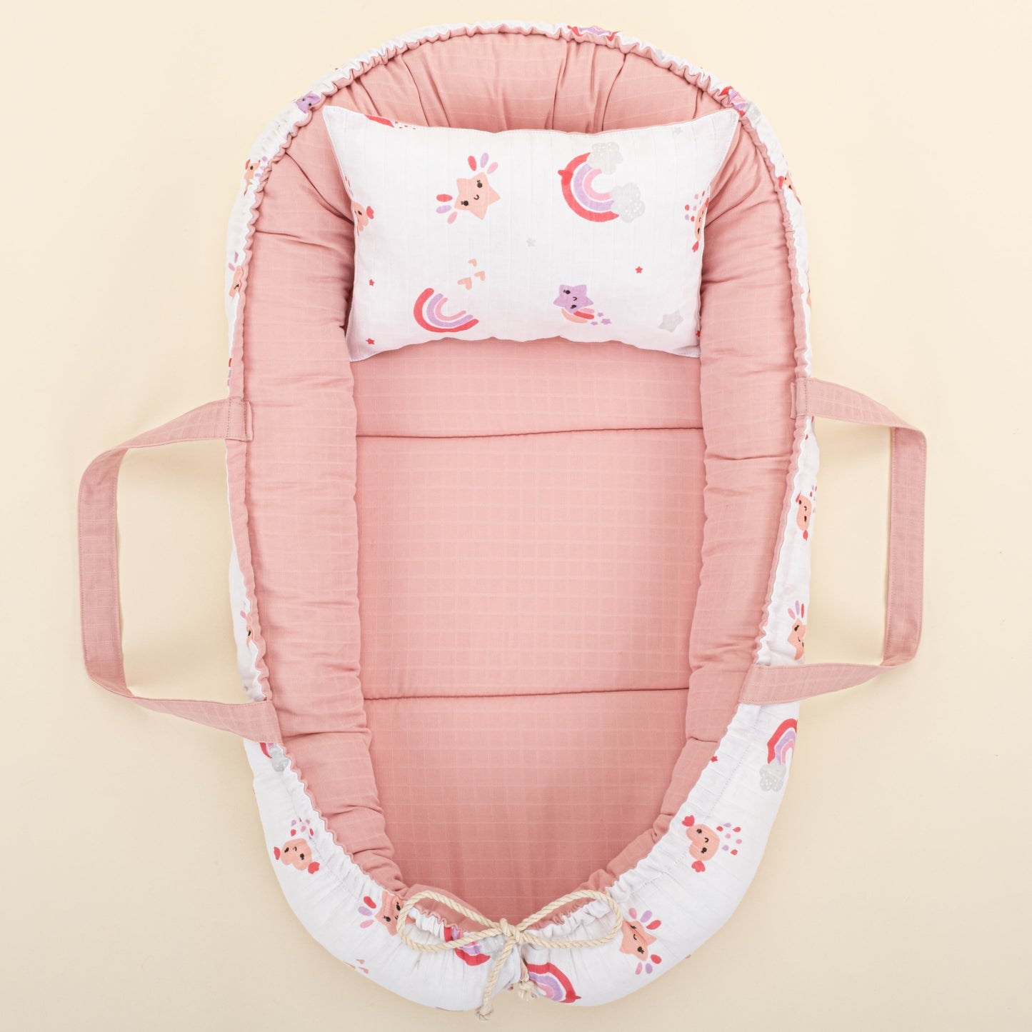 Babynest and Pillow - Çift Taraflı - Pudra Muslin - Pembe Gökkuşağı