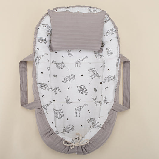 Babynest and Pillow - Çift Taraflı - Gri Saten - Kaplan