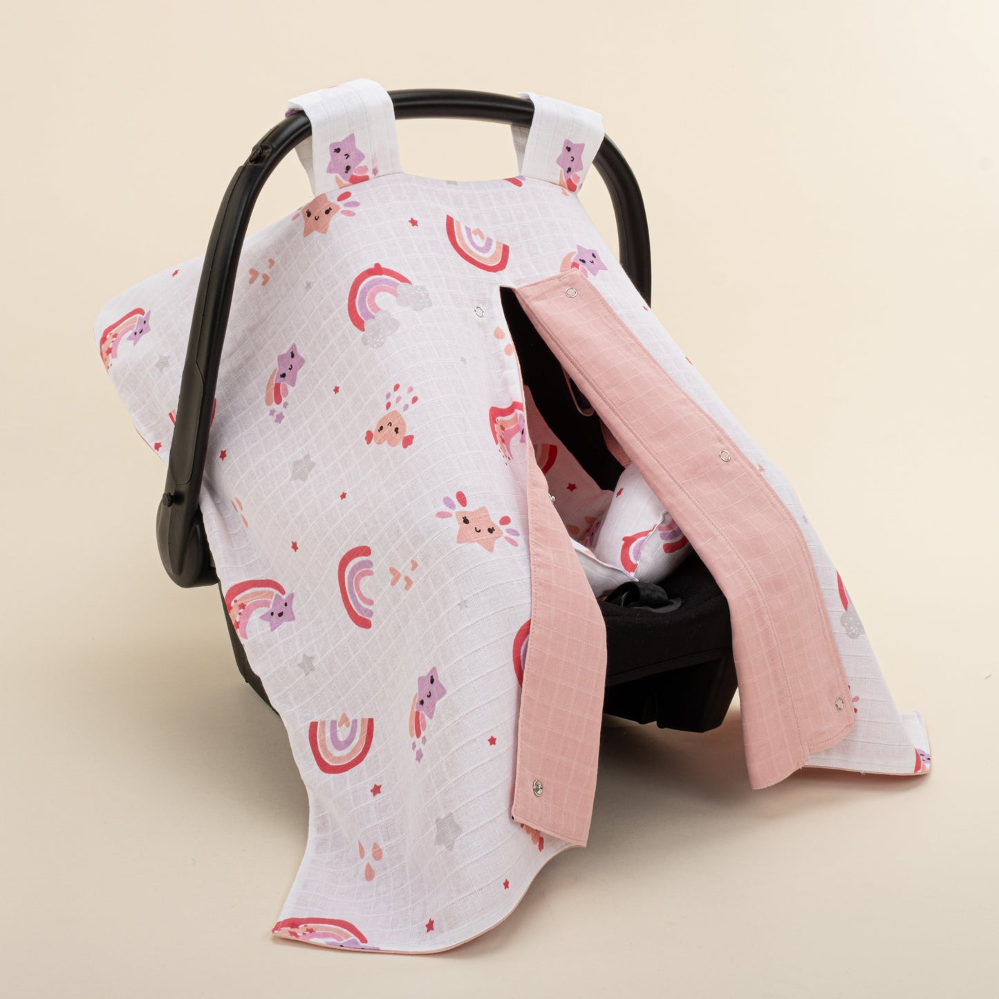 Stroller Cover Set - Double Side - Pudra Muslin - Pembe Gökkuşağı