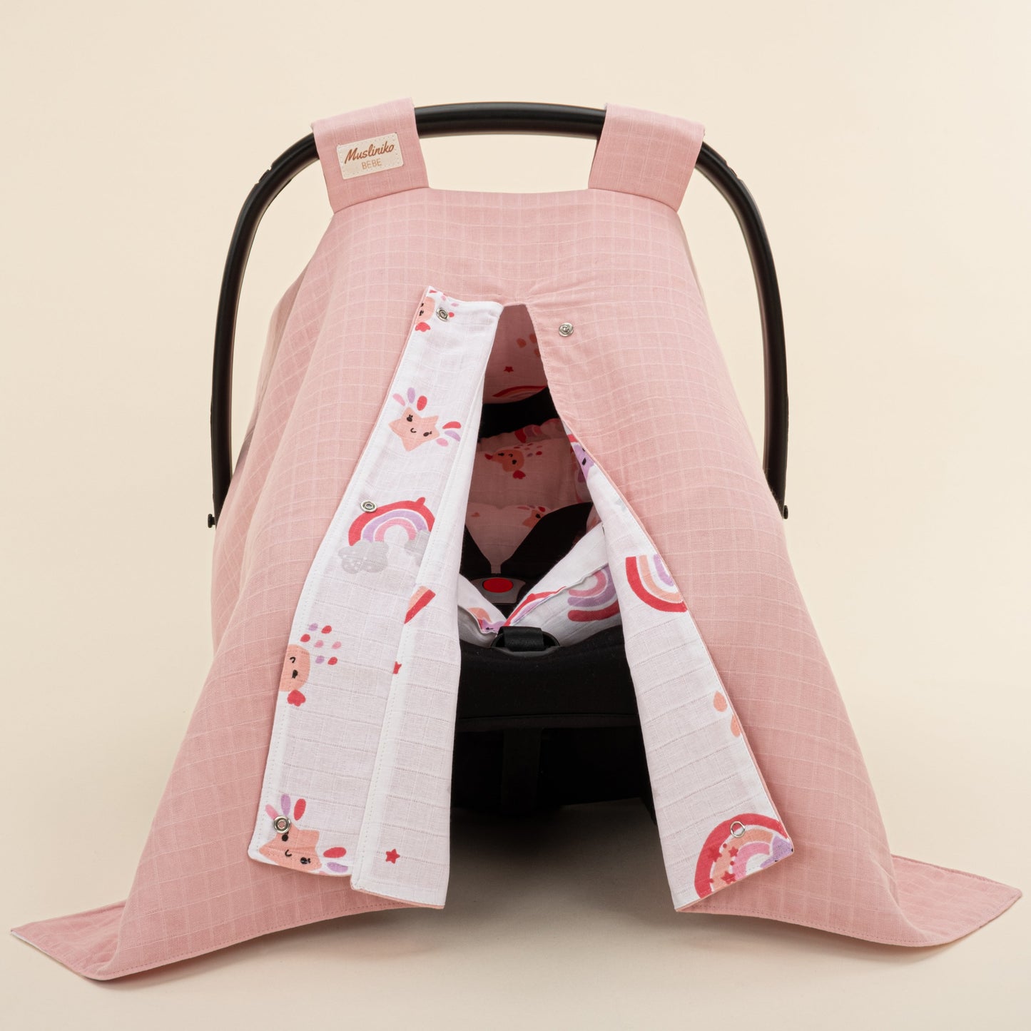 Stroller Cover Set - Double Side - Pudra Muslin - Pembe Gökkuşağı