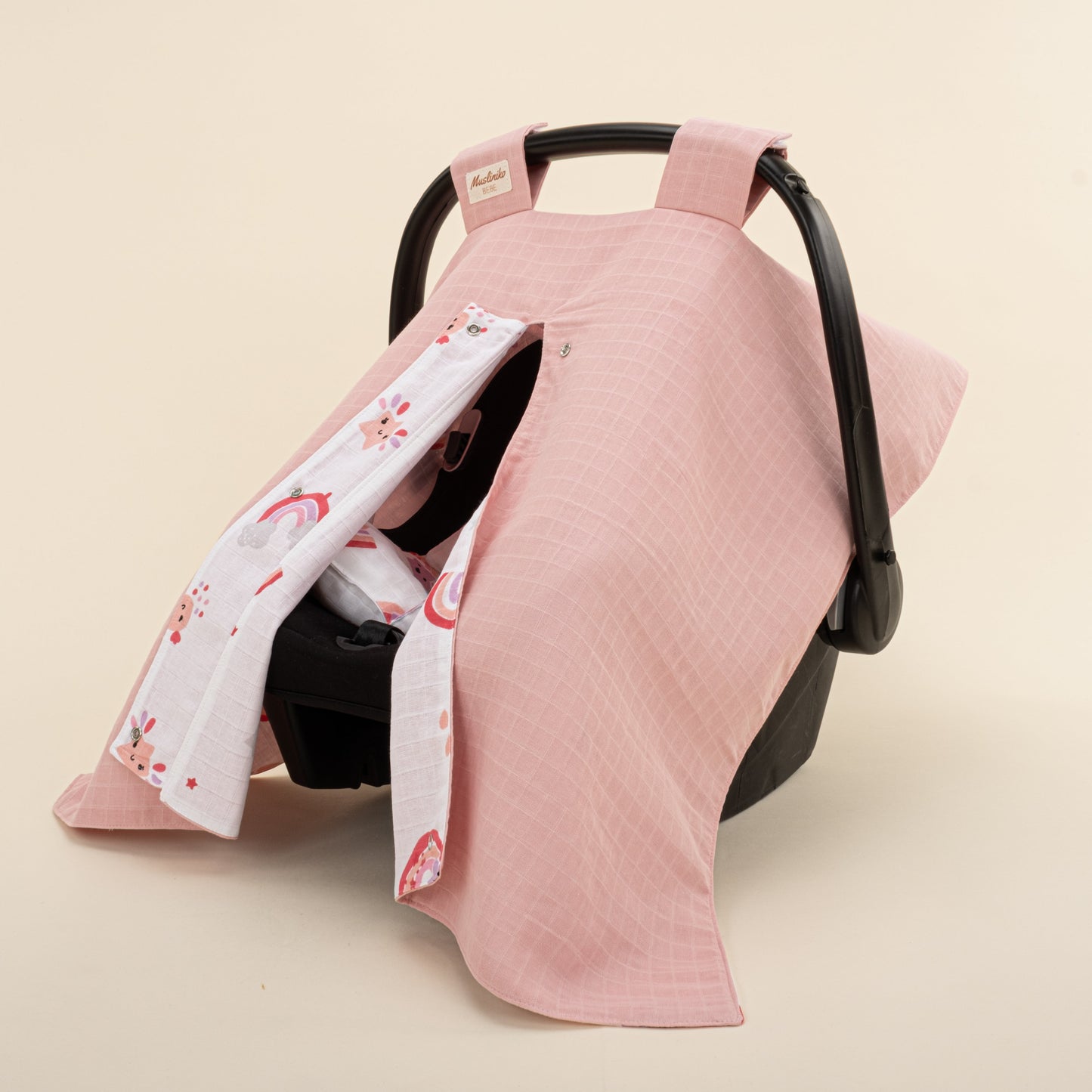 Stroller Cover Set - Double Side - Pudra Muslin - Pembe Gökkuşağı