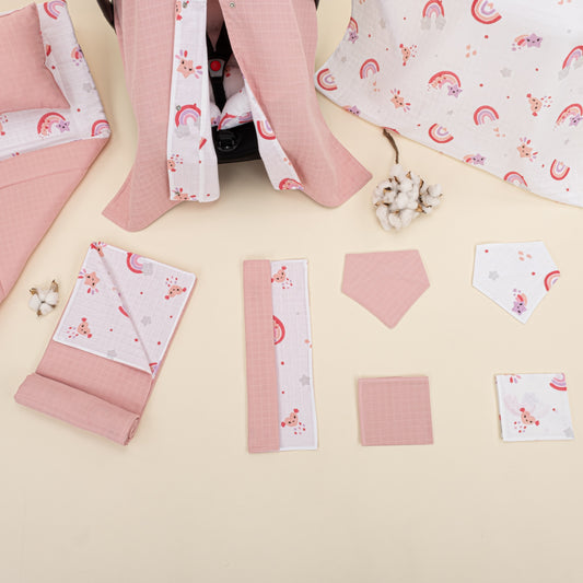 11 Piece - Newborn Sets - Double Sided - Seasonal - Pudra Muslin - Pembe Gökkuşağı