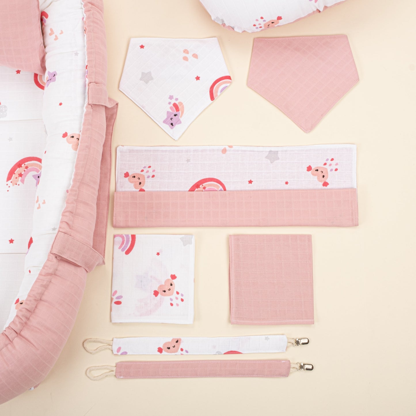 18 Piece Full Set - Double Sided - Pudra Muslin - Pembe Gökkuşağı