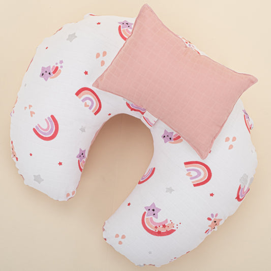 Double Sided Breastfeeding Pillow - Pudra Muslin - Pembe Gökkuşağı