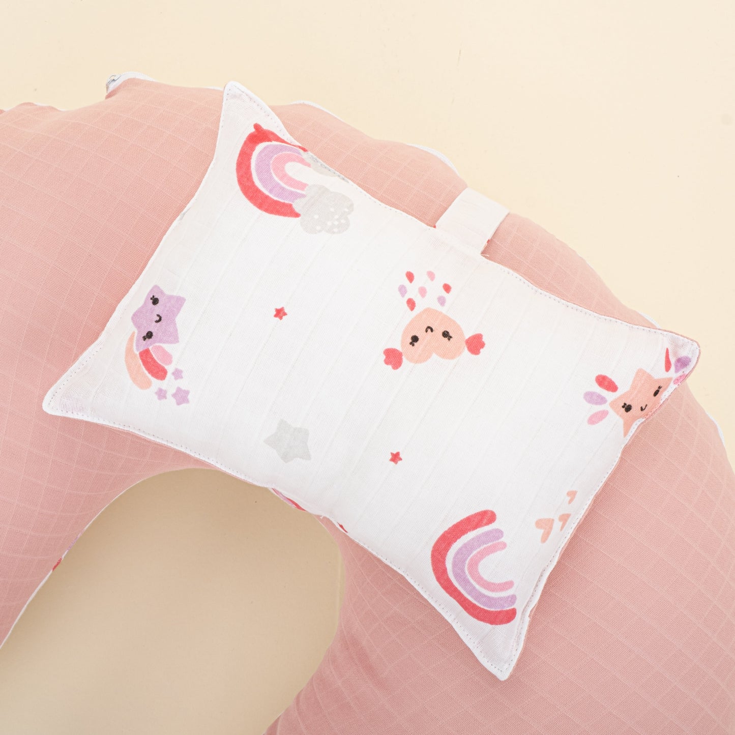 Double Sided Breastfeeding Pillow - Pudra Muslin - Pembe Gökkuşağı