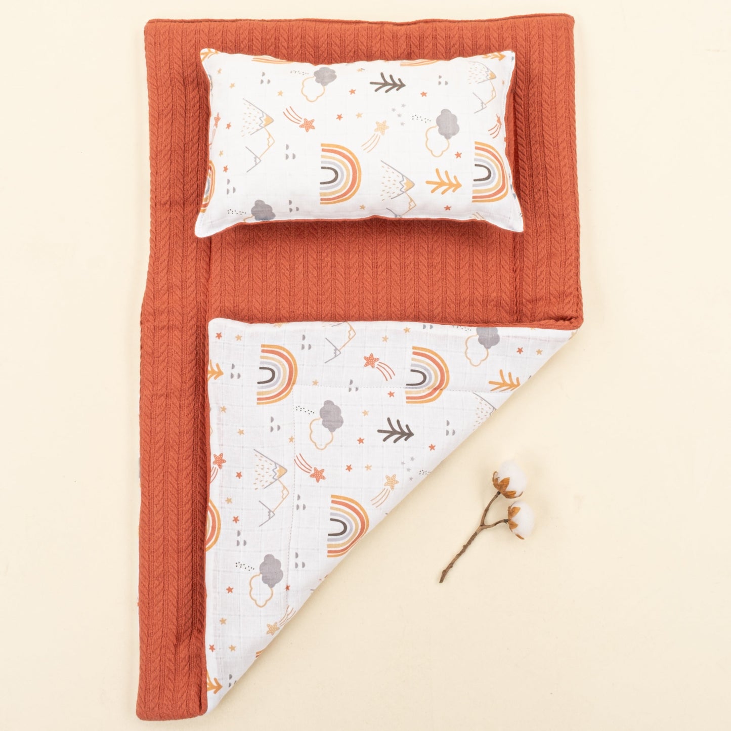 Double Sided Changing Pad and Pillow - Kiremit Örgü - Turuncu Kuyruklu Yıldız