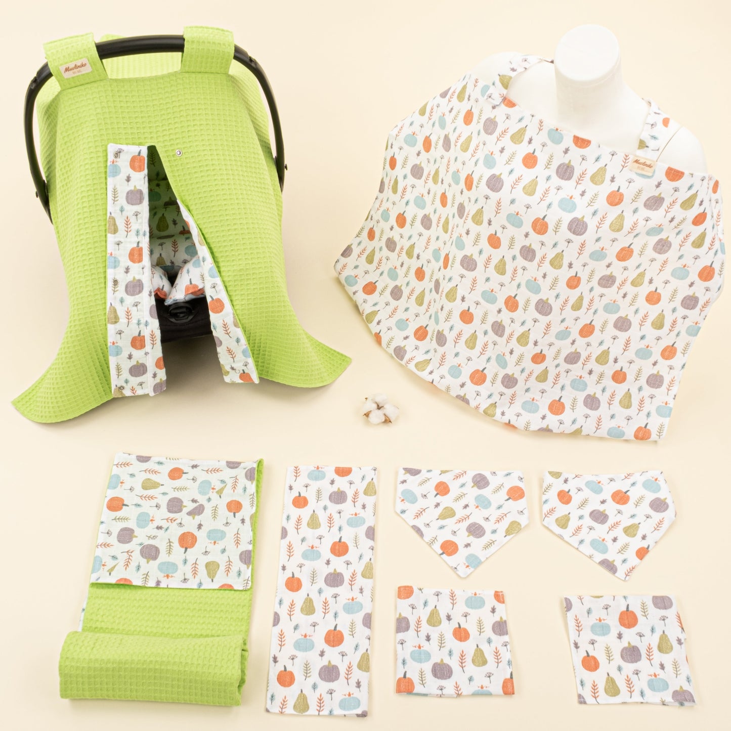 9 Piece - Newborn Sets - Double Sided - Winter - Fıstık Yeşili Petek - Yeşil Balkabağı