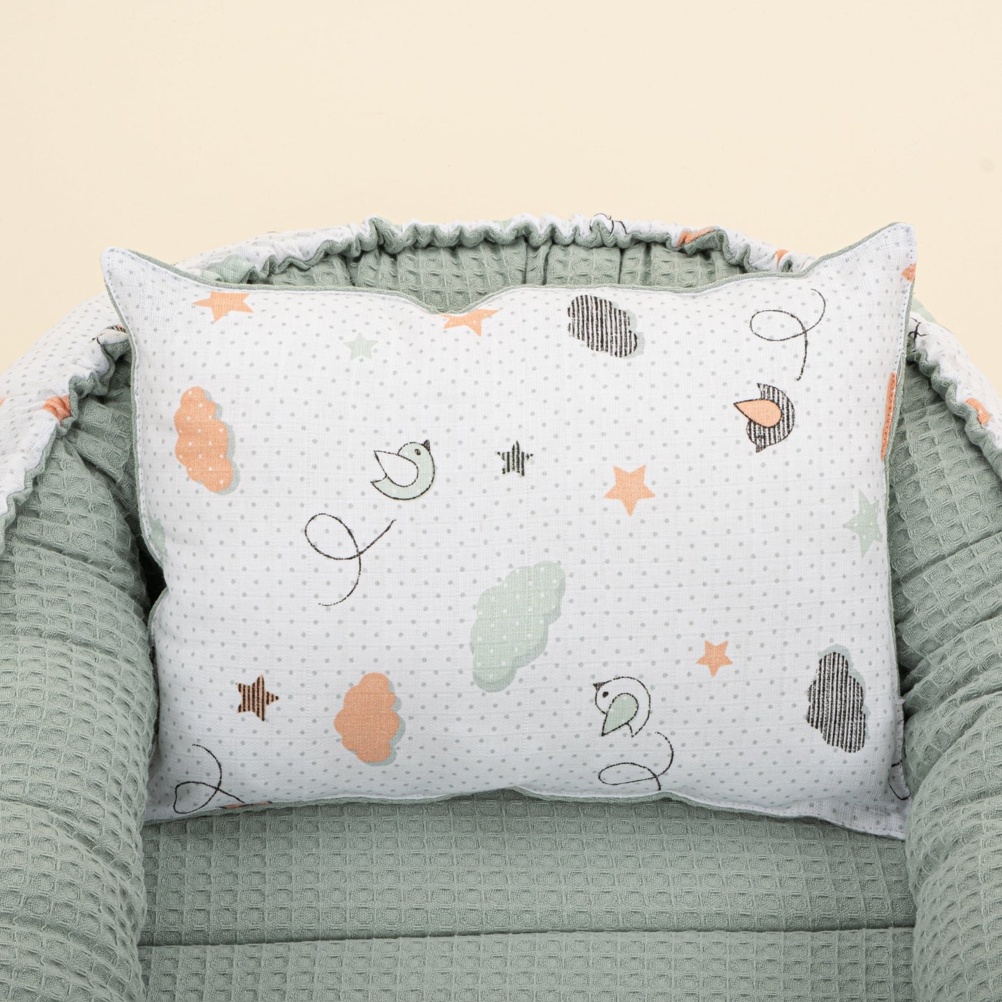 Babynest and Pillow - Çift Taraflı - Yeşil Petek - Kuş