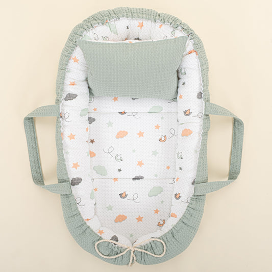 Babynest and Pillow - Çift Taraflı - Yeşil Petek - Kuş