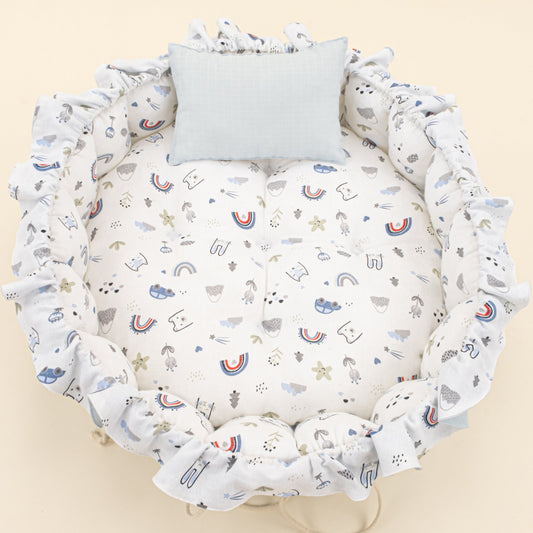 Round Babynest and Pillow - Çift Taraflı - Bebe Mavi Muslin - Mavi Kedi