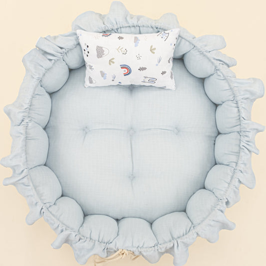 Round Babynest and Pillow - Çift Taraflı - Bebe Mavi Muslin - Mavi Kedi