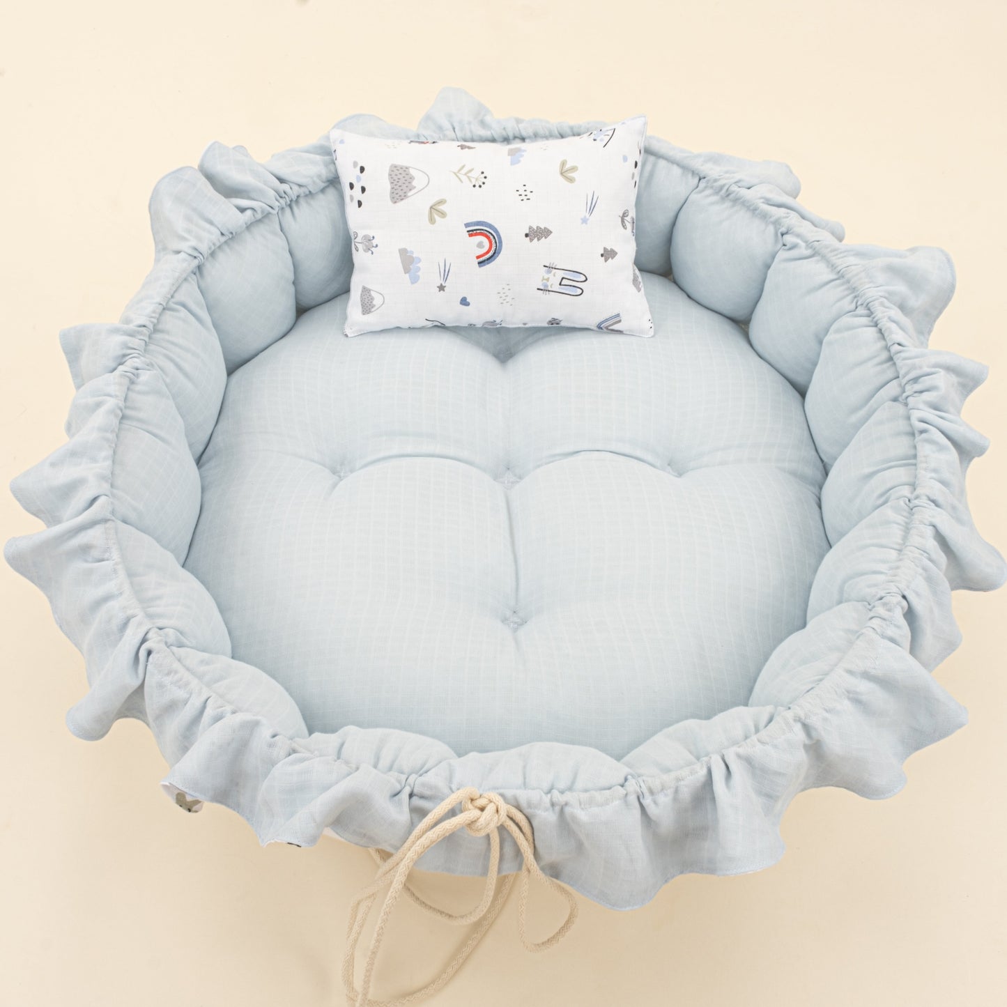 Round Babynest and Pillow - Çift Taraflı - Bebe Mavi Muslin - Mavi Kedi