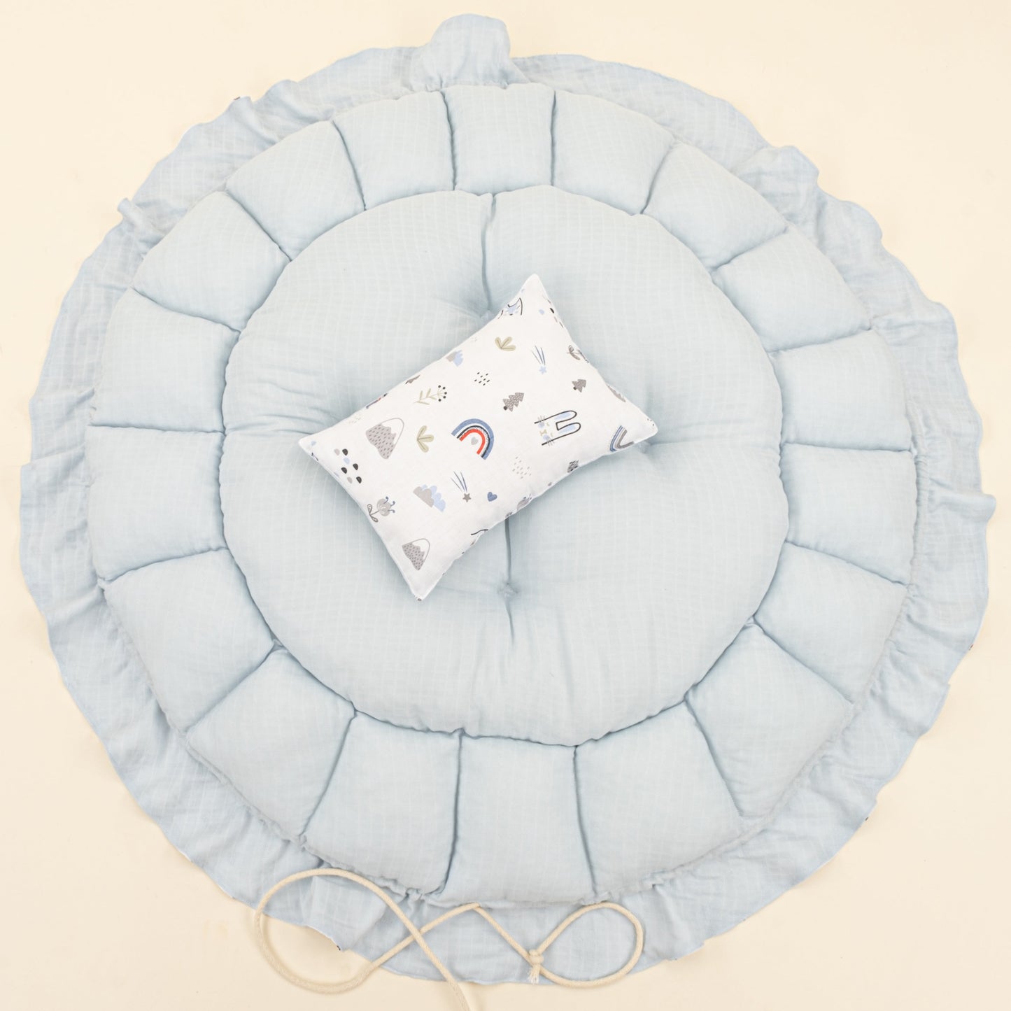 Round Babynest and Pillow - Çift Taraflı - Bebe Mavi Muslin - Mavi Kedi