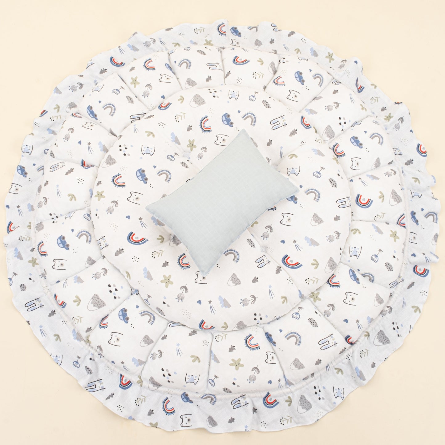 Round Babynest and Pillow - Çift Taraflı - Bebe Mavi Muslin - Mavi Kedi