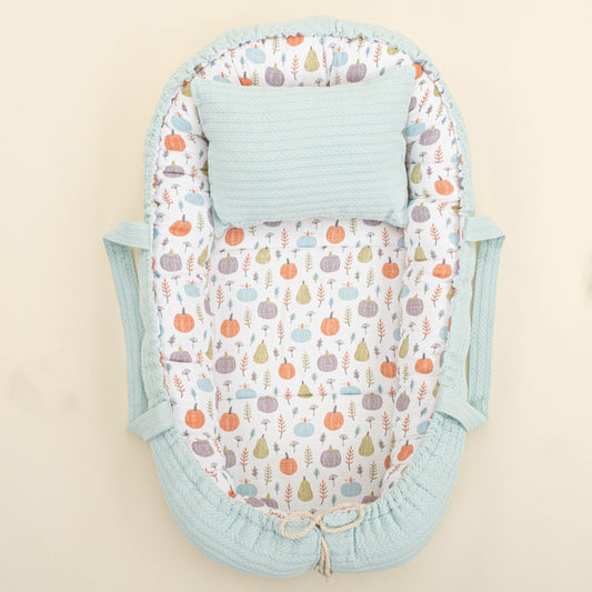 Babynest and Pillow - Çift Taraflı - Turkuaz Örgü - Yeşil Balkabağı