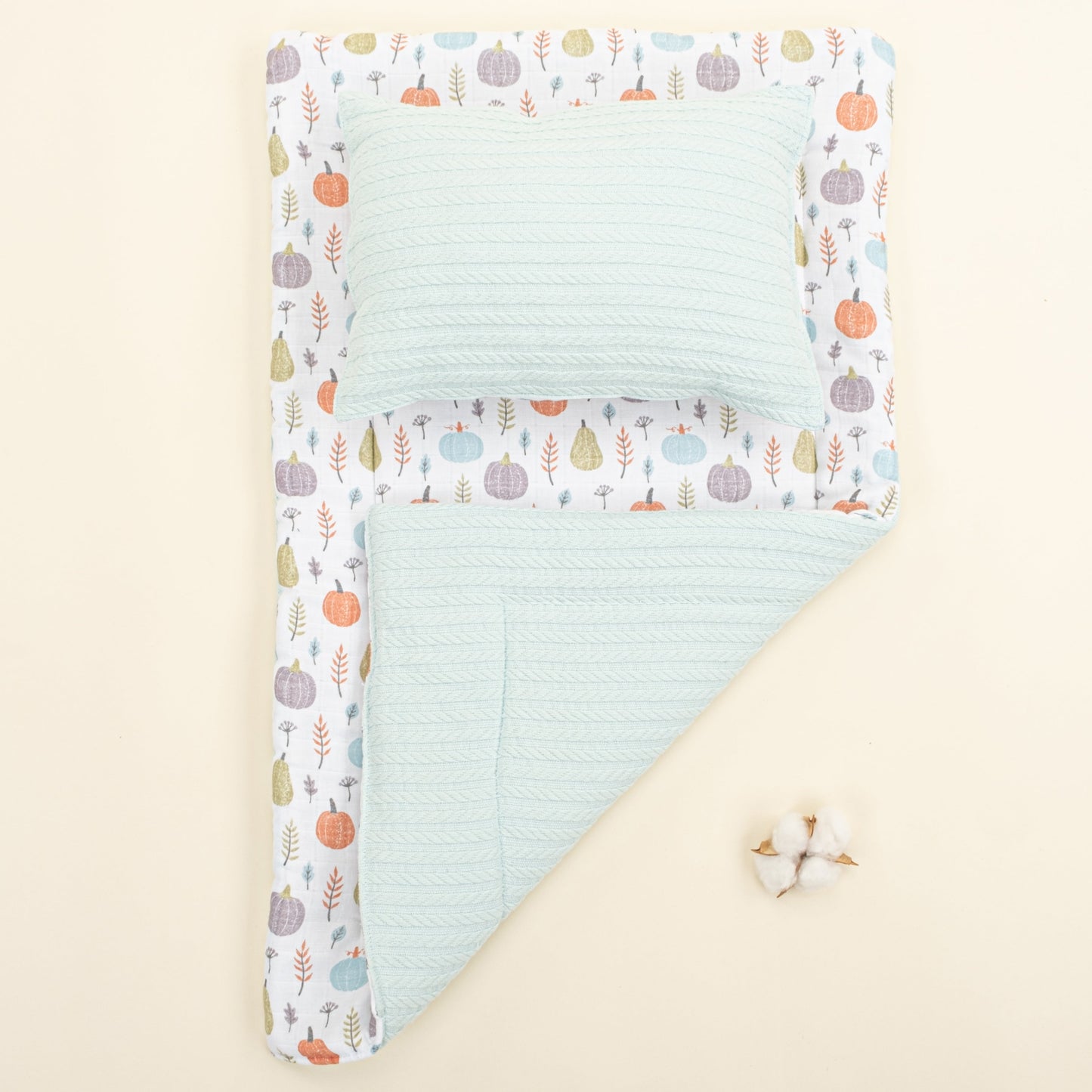 Double Sided Changing Pad and Pillow - Turkuaz Örgü - Yeşil Balkabağı