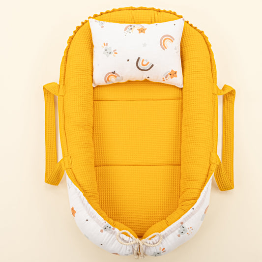 Babynest  and Pillow - Çift Taraflı - Hardal Petek - Turuncu Gökkuşağı