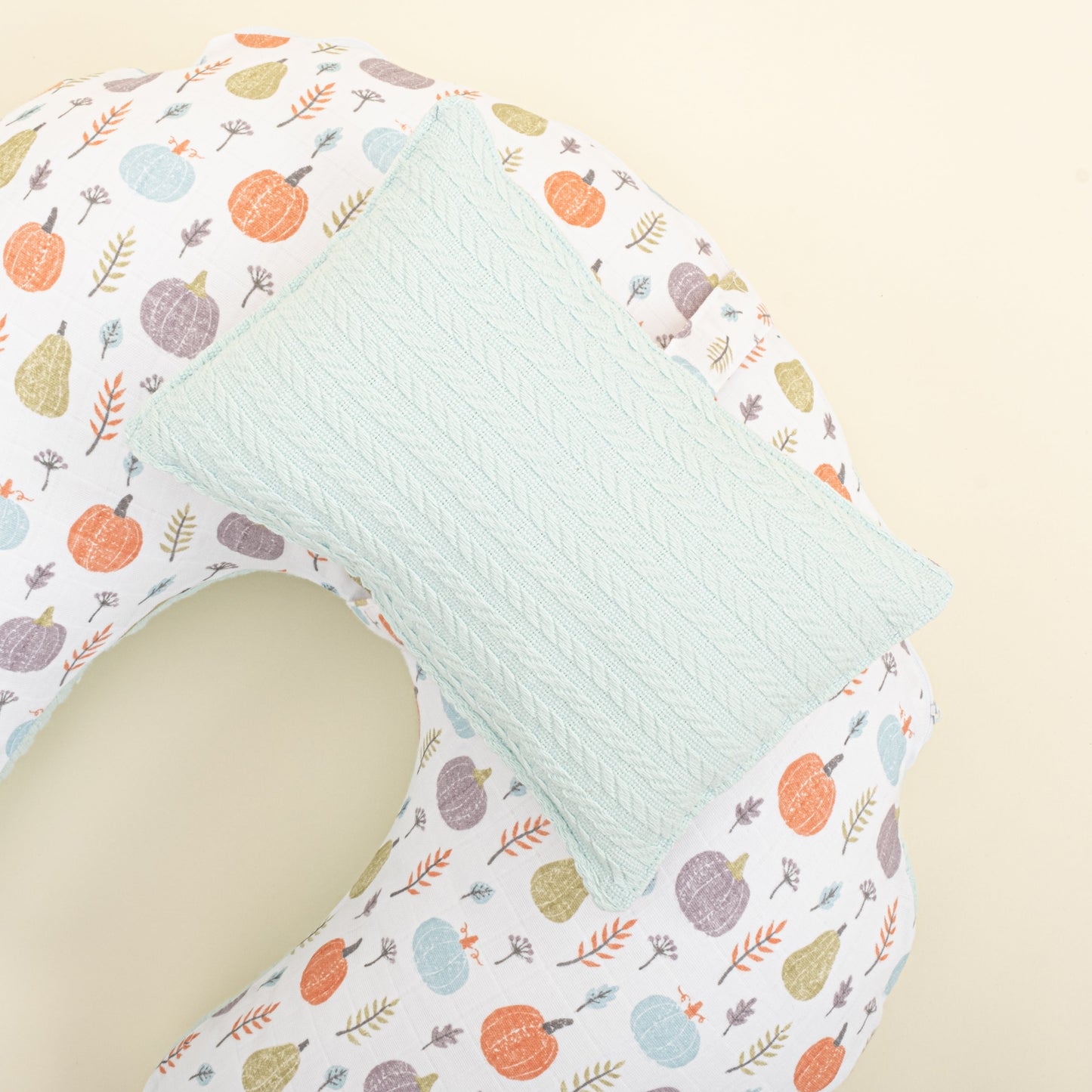 Double Sided Breastfeeding Pillow - Turkuaz Örgü - Yeşil Balkabağı