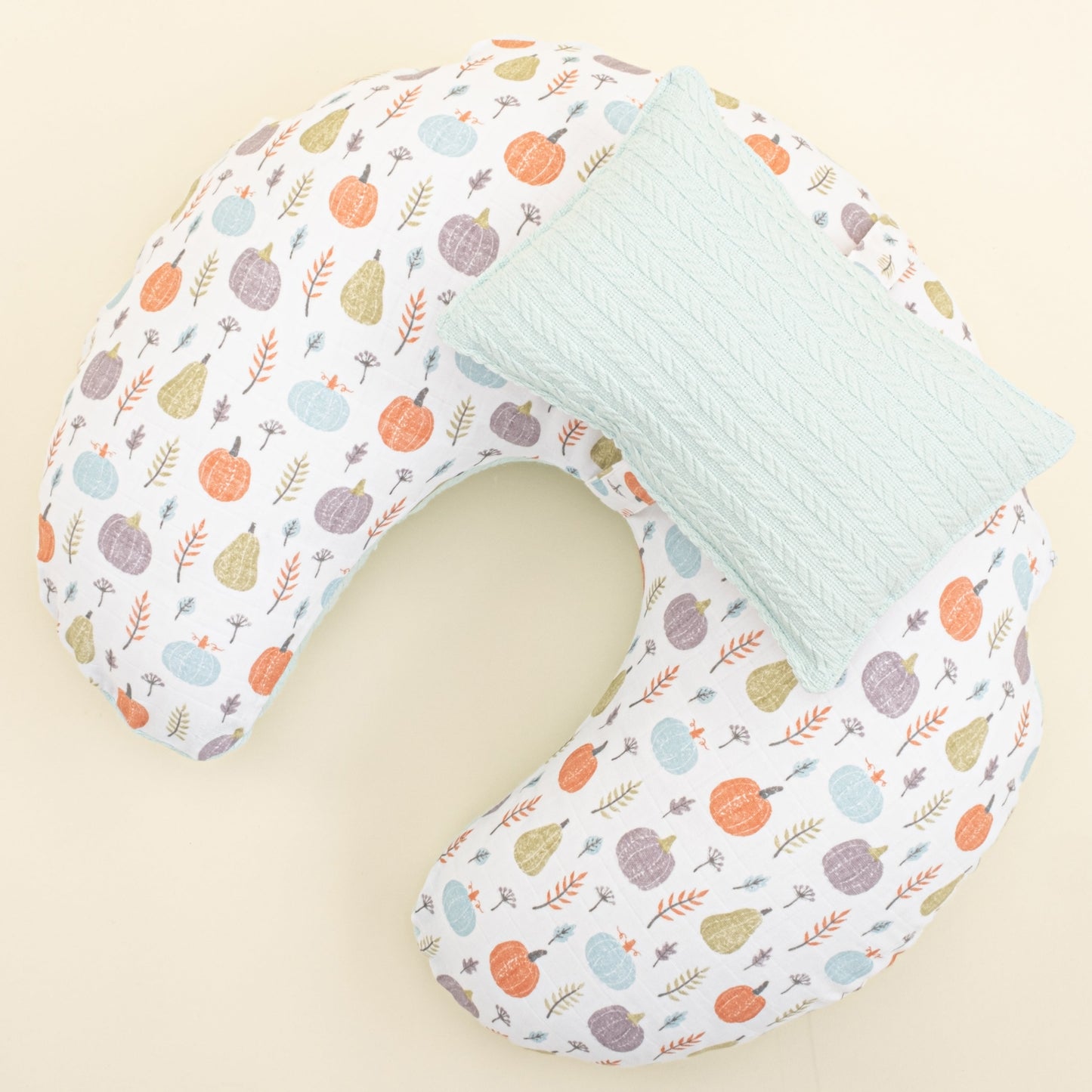 Double Sided Breastfeeding Pillow - Turkuaz Örgü - Yeşil Balkabağı