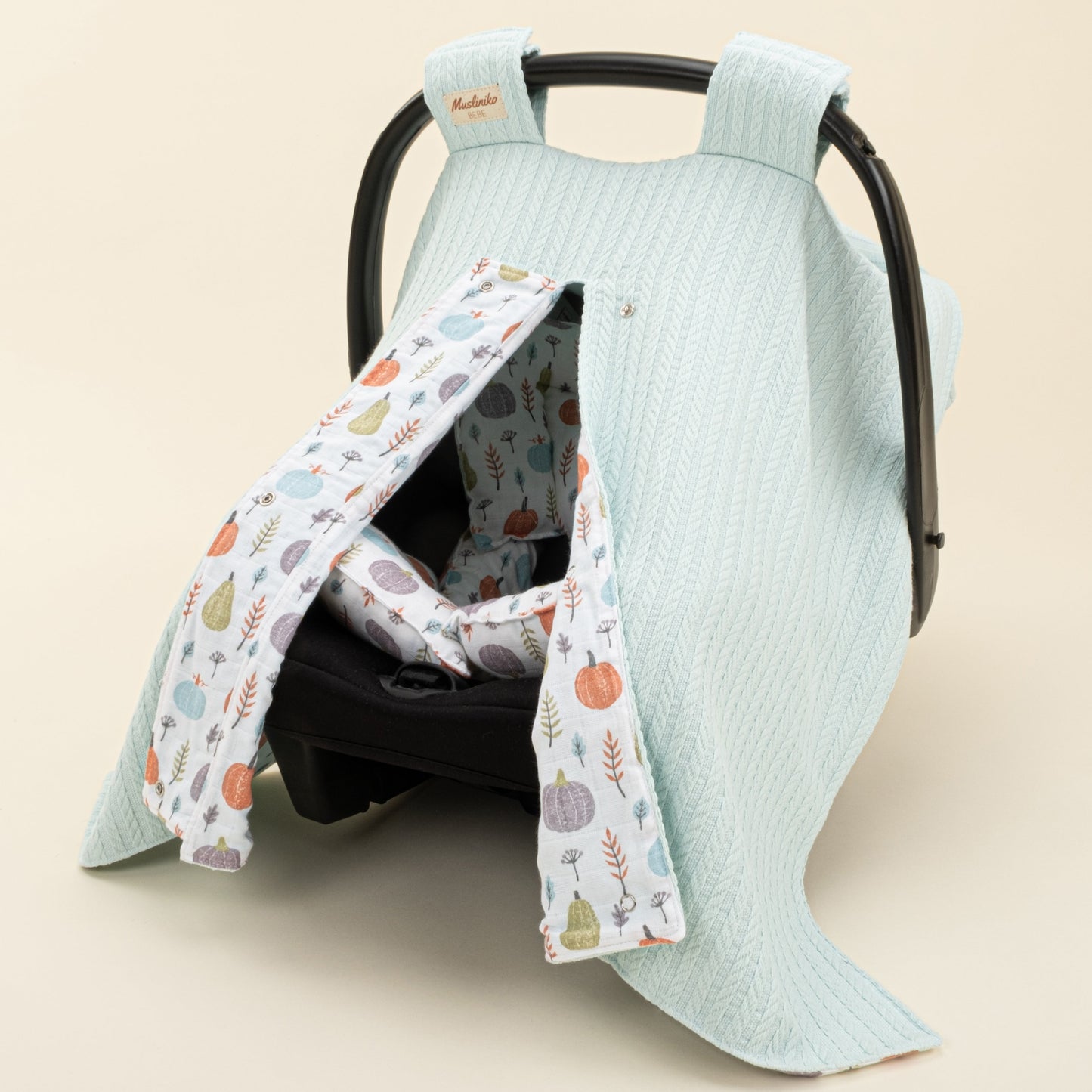 Stroller Cover Set - Double Side - Turkuaz Örgü - Yeşil Balkabağı