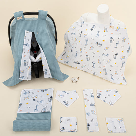 9 Piece - Newborn Sets - Double Sided - Winter - Petrol Mavisi Petek - Mavi Canlılar