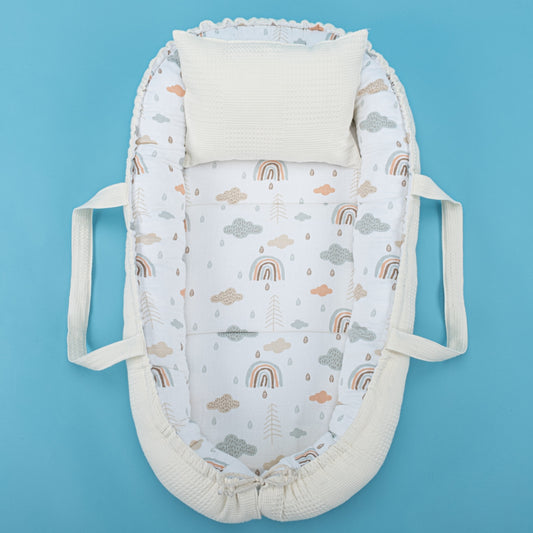 Babynest and Pillow - Çift Taraflı - Krem Waffle - Yeşil Gökkuşağı