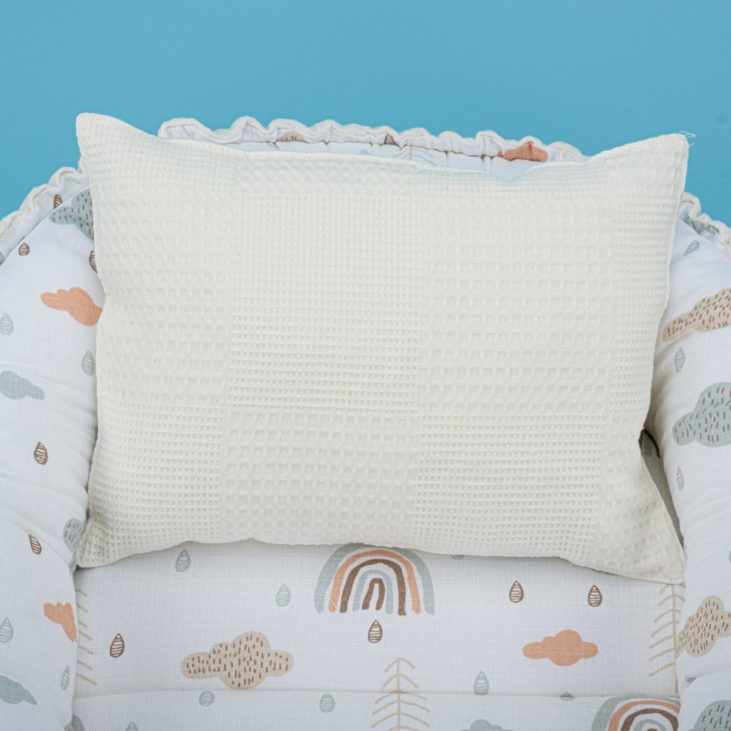 Babynest and Pillow - Çift Taraflı - Krem Waffle - Yeşil Gökkuşağı