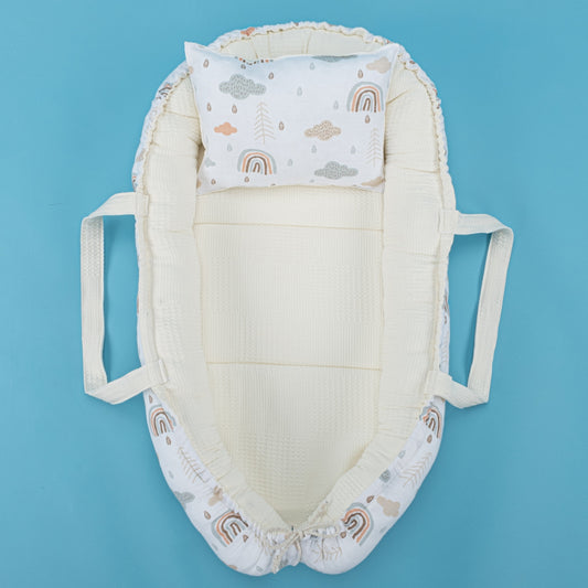 Babynest and Pillow - Çift Taraflı - Krem Waffle - Yeşil Gökkuşağı