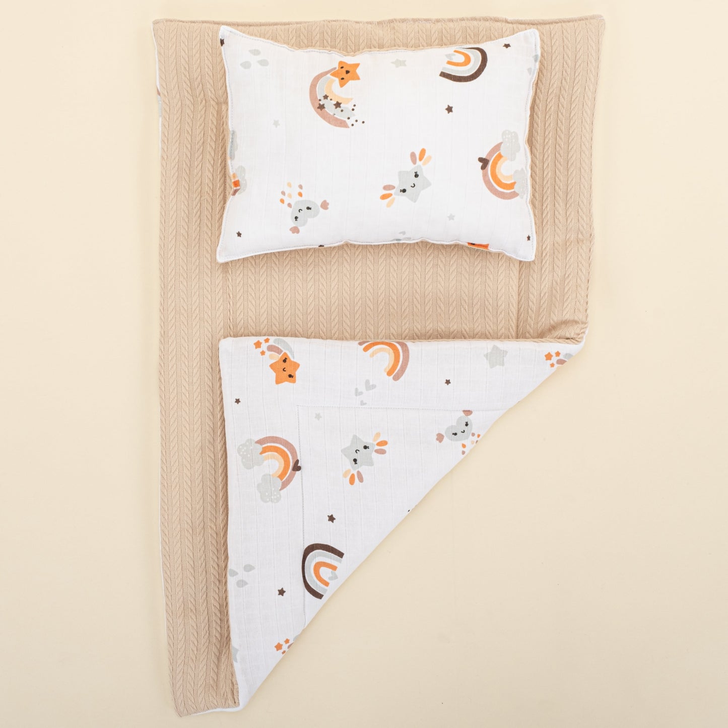 Double Sided Changing Pad and Pillow - Sütlü Kahve Örgü - Turuncu Gökkuşağı