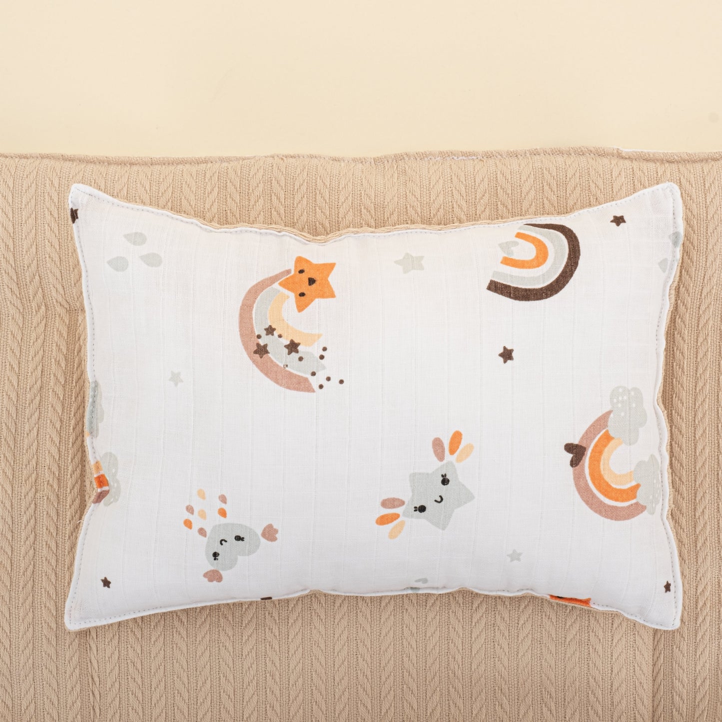 Double Sided Changing Pad and Pillow - Sütlü Kahve Örgü - Turuncu Gökkuşağı