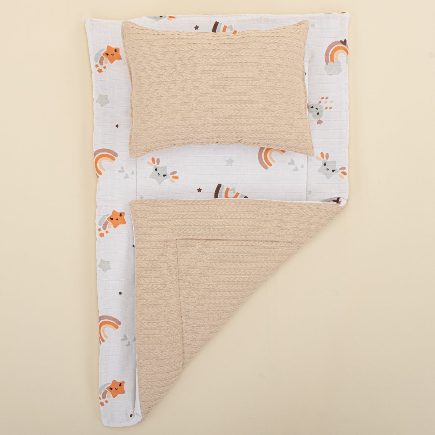 Double Sided Changing Pad and Pillow - Sütlü Kahve Örgü - Turuncu Gökkuşağı